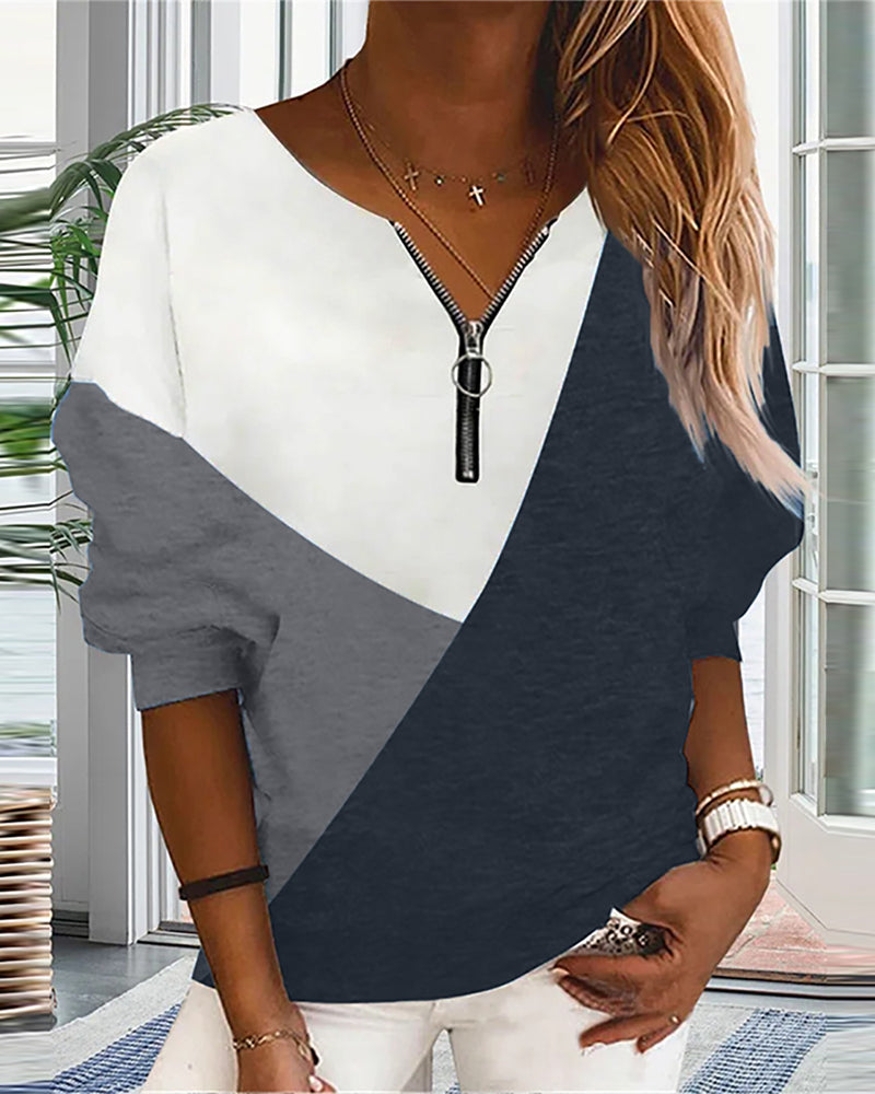 Color Block Zip Sweatshirt - Dana-Gray-S-Nora Luxe