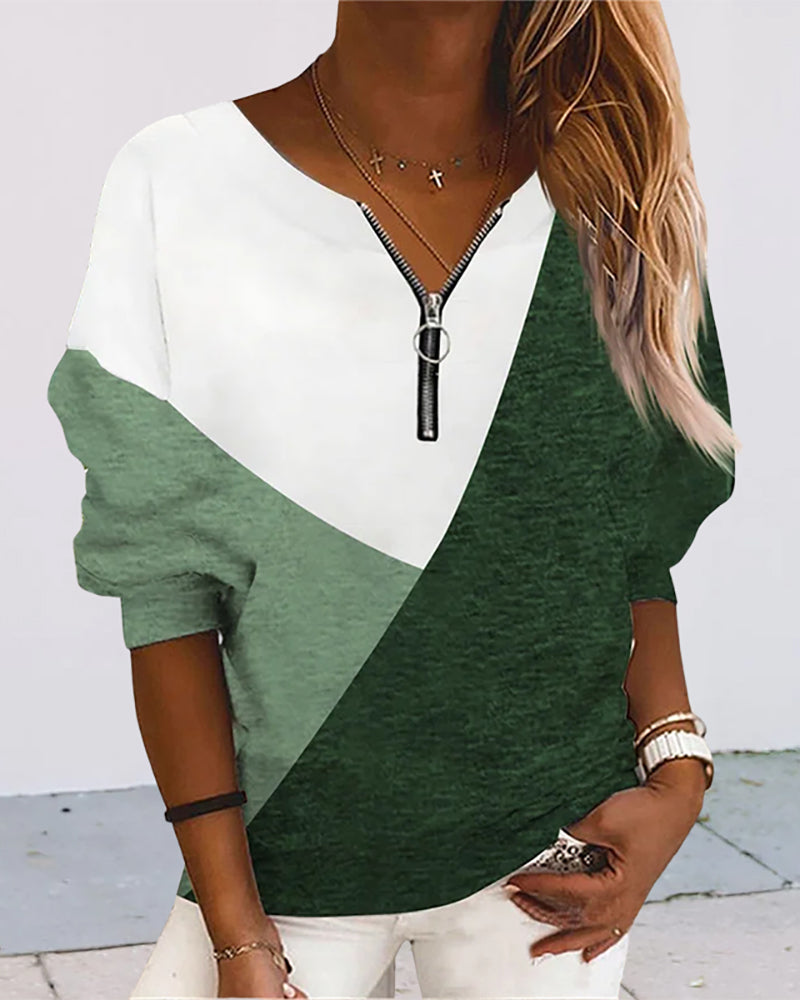 Color Block Zip Sweatshirt - Dana-Green-S-Nora Luxe