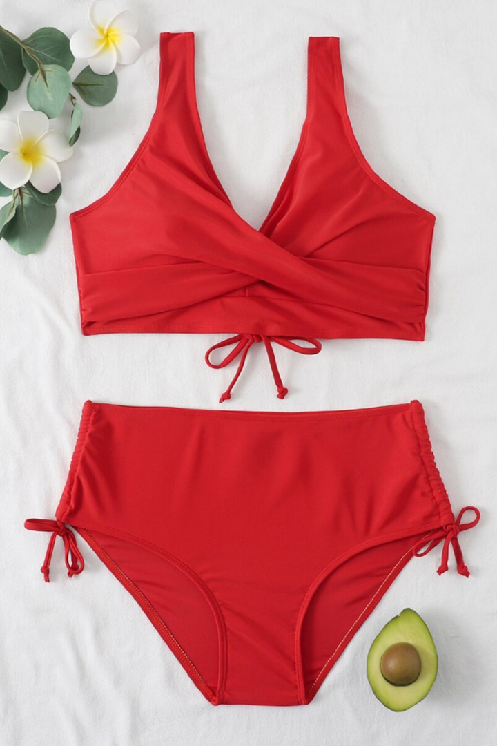 Colourful Bikini with Drawstring and Twist Detail – Zaraï-Red-S-State of Style