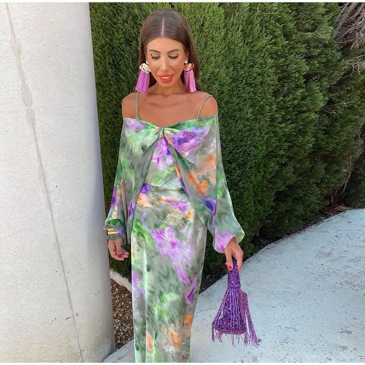 Colourful Halo-Dye Maxi Dress with Detachable Scarf - Olivia-S-Nora Luxe