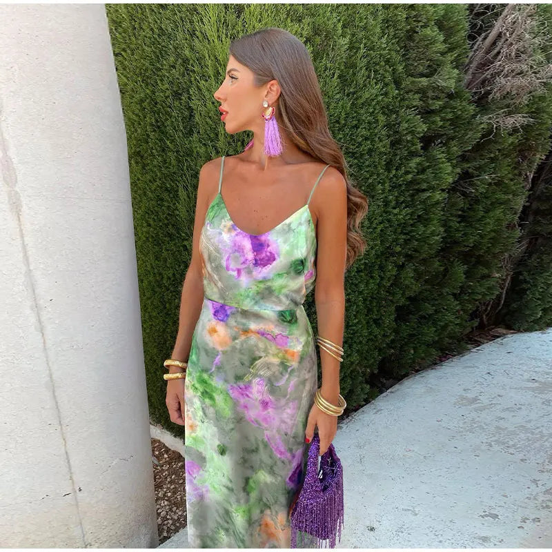 Colourful Halo-Dye Maxi Dress with Detachable Scarf - Olivia-S-Nora Luxe