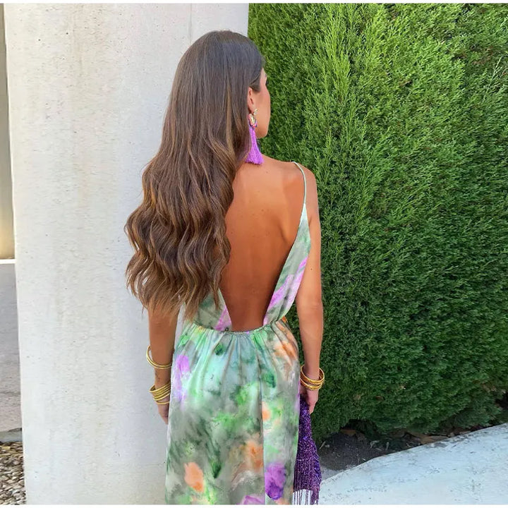 Colourful Halo-Dye Maxi Dress with Detachable Scarf - Olivia-S-Nora Luxe