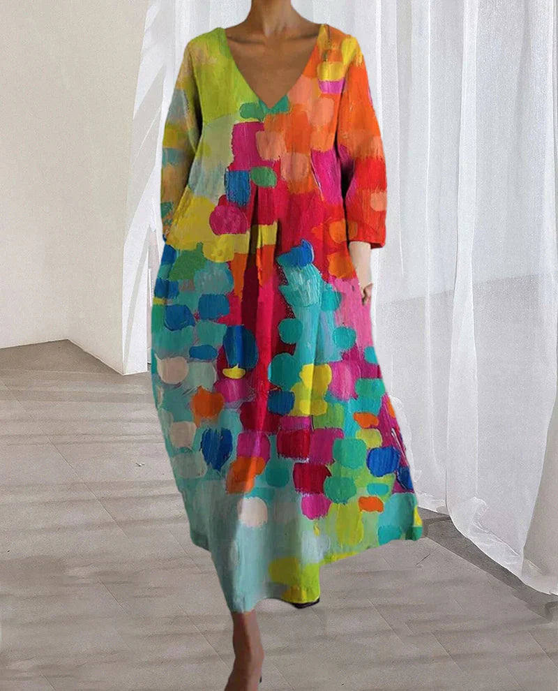 Colourful Printed Dress with V-Neck - Kim-S-Nora Luxe