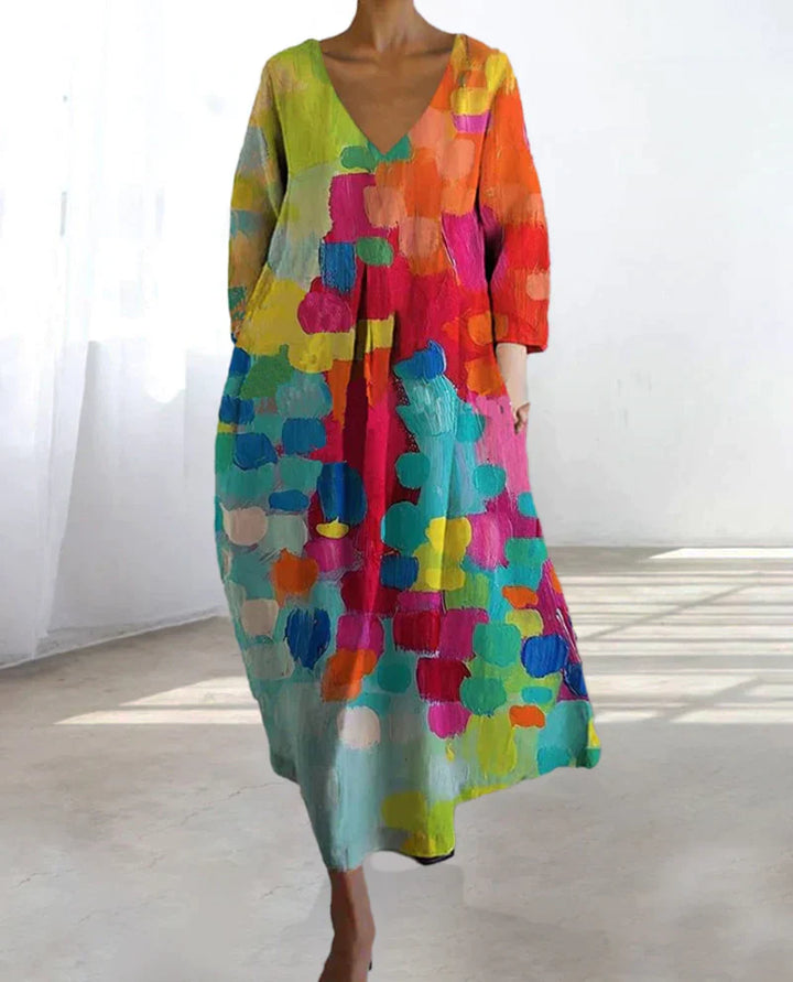 Colourful Printed Dress with V-Neck - Kim-S-Nora Luxe