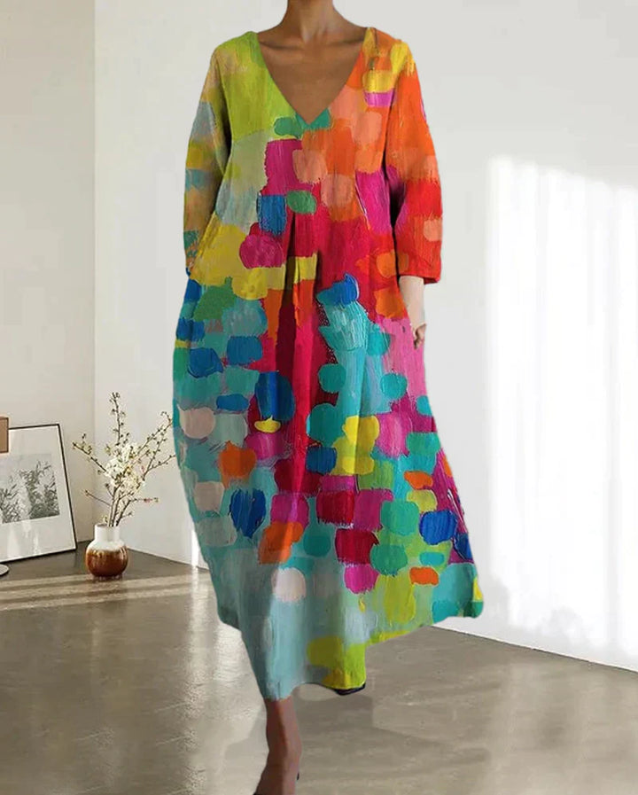 Colourful Printed Dress with V-Neck - Kim-S-Nora Luxe