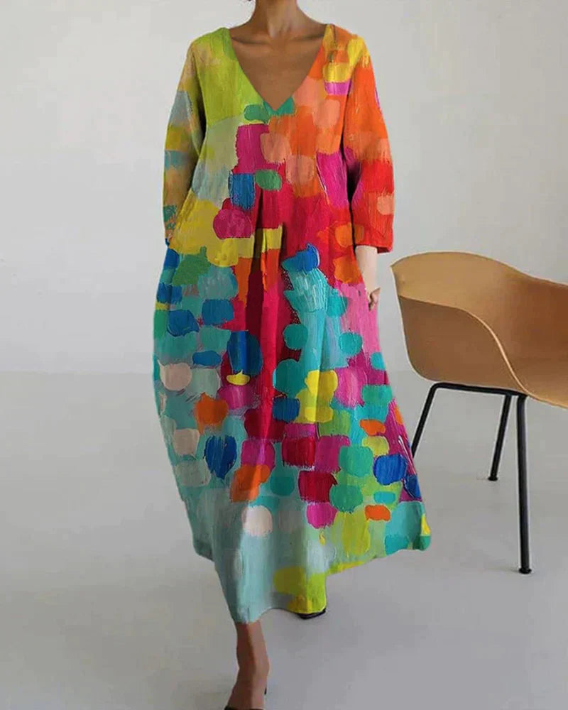Colourful Printed Dress with V-Neck - Kim-S-Nora Luxe