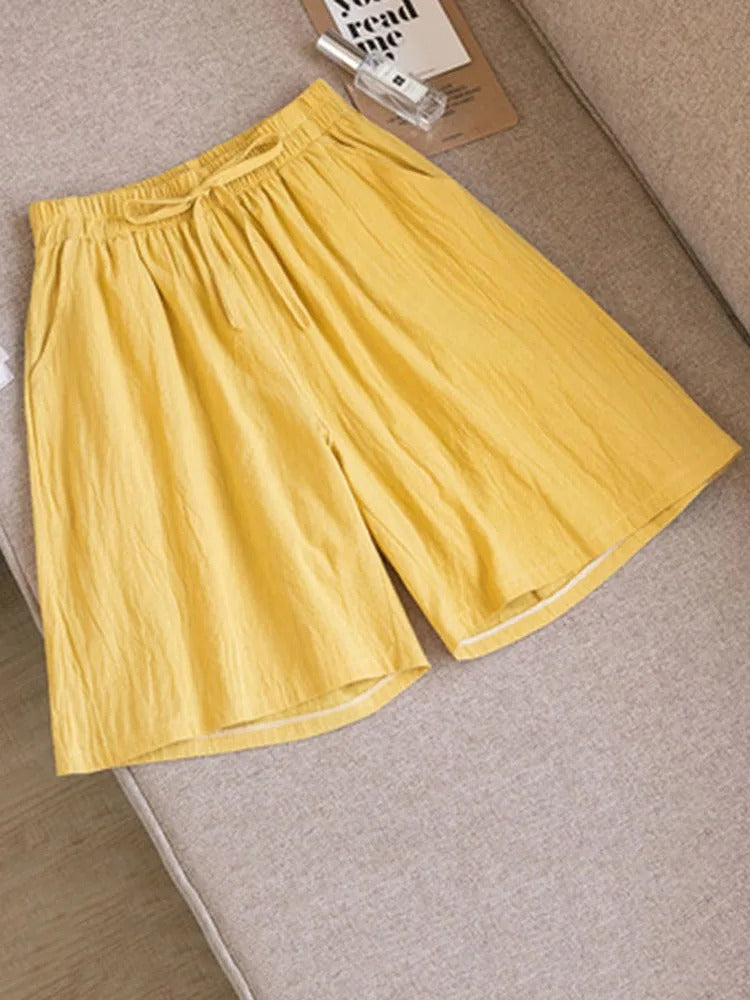 Comfortable & Airy Women's Cotton Shorts with Stretch Waistband – Melina-Yellow-M-Nora Luxe