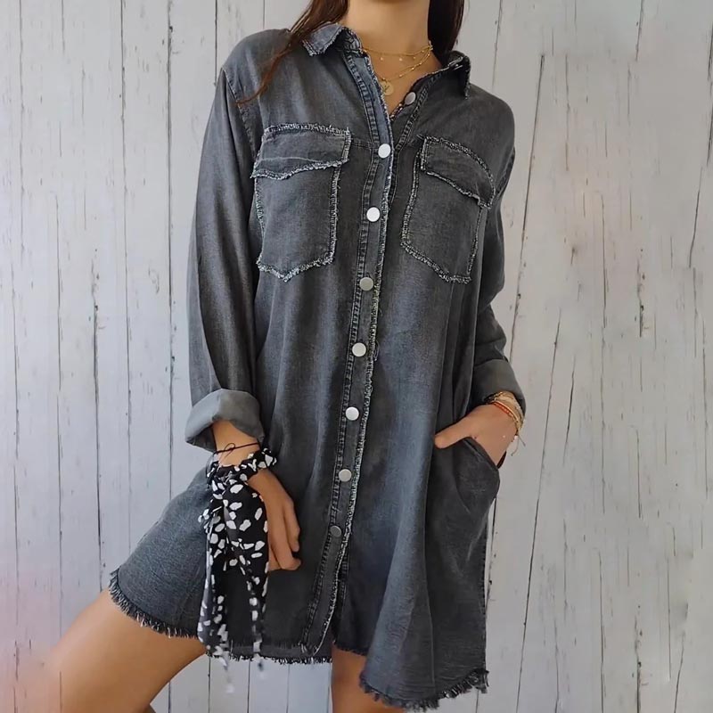 Comfortable Faux Denim Shirt - Sophie-Black-M-Nora Luxe