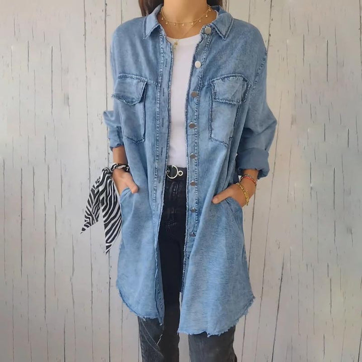 Comfortable Faux Denim Shirt - Sophie-Blue-M-Nora Luxe