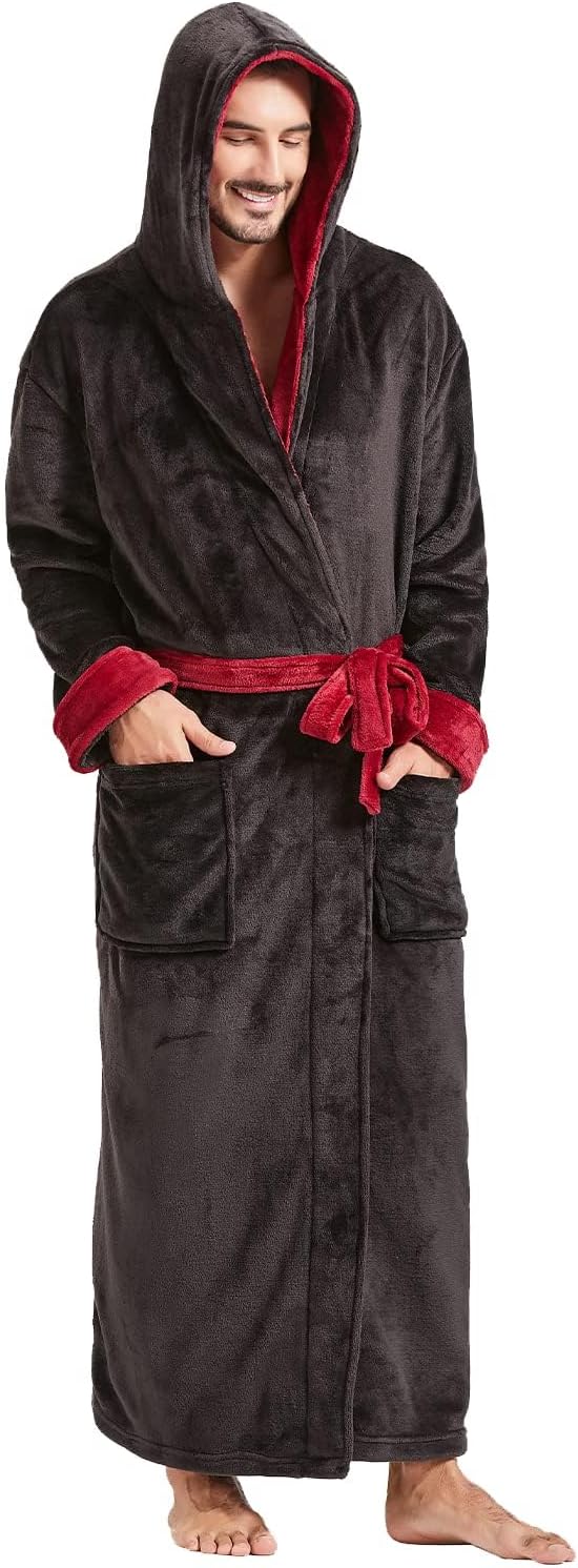 Comfortable Flannel Men's Bathrobe - James-Black/Bordeaux-S/M-Nora Luxe