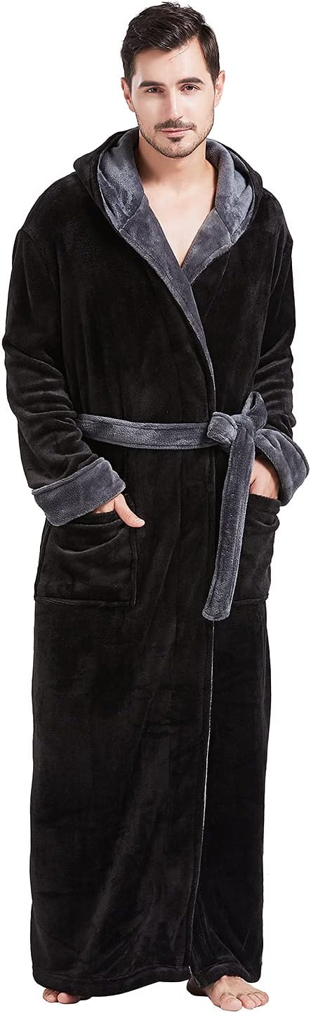 Comfortable Flannel Men's Bathrobe - James-Black/Gray-S/M-Nora Luxe