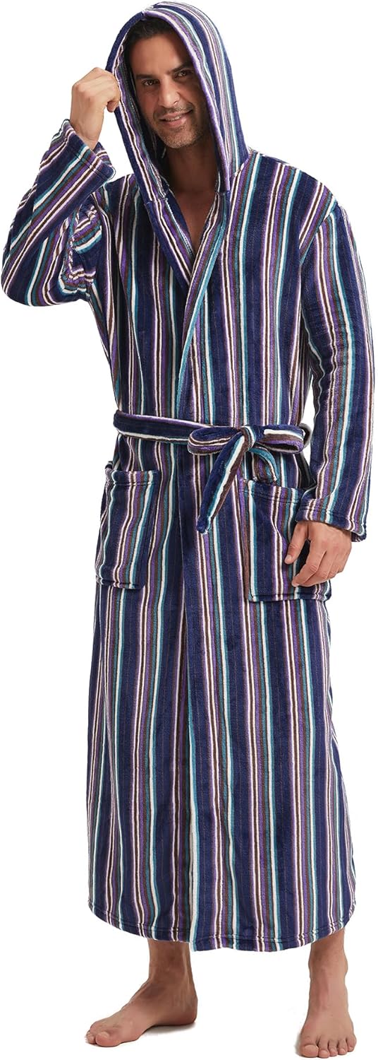 Comfortable Flannel Men's Bathrobe - James-Blue Striped-S/M-Nora Luxe