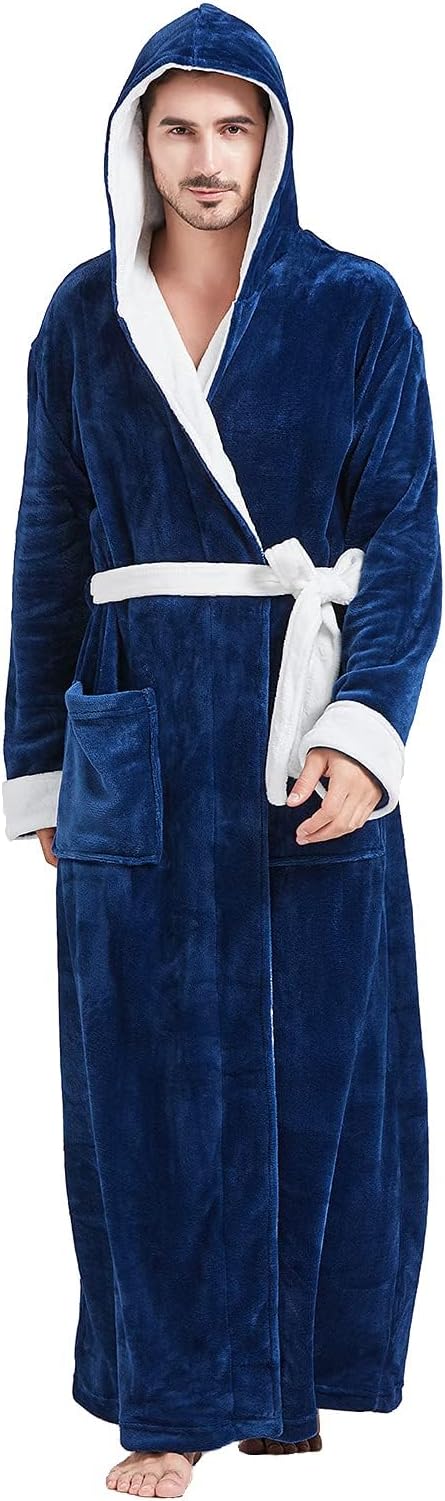 Comfortable Flannel Men's Bathrobe - James-Blue/White-S/M-Nora Luxe