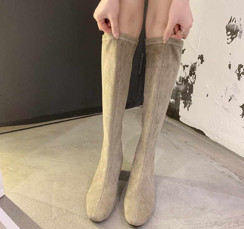 Comfortable High Boots with Thick Heel - Larissa-Beige-4.0-Nora Luxe