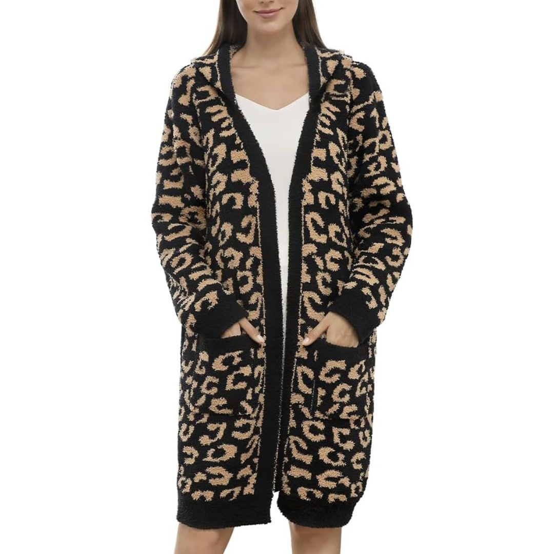 Comfortable Ladies Spa Bathrobe - Victoria-Leopard Black - Hoodie-Nora Luxe