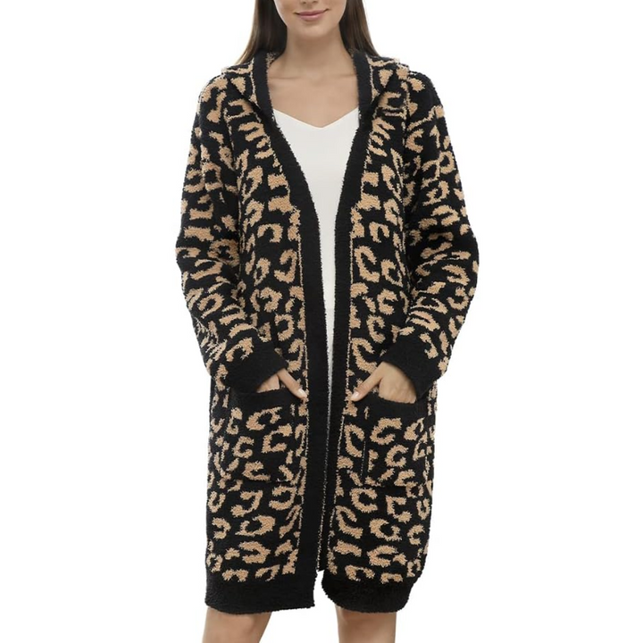 Comfortable Ladies Spa Bathrobe - Victoria-Leopard Black - Hoodie-Nora Luxe