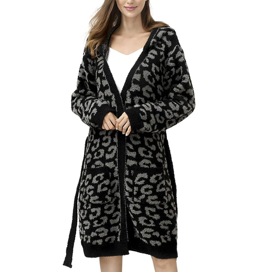 Comfortable Ladies Spa Bathrobe - Victoria-Leopard Carbon - Hoodie-Nora Luxe