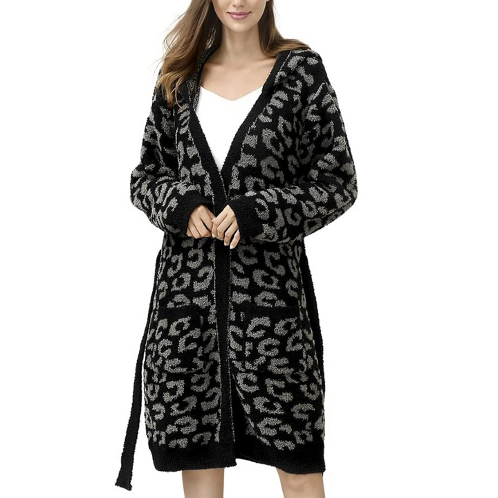 Comfortable Ladies Spa Bathrobe - Victoria-Leopard Carbon - Hoodie-Nora Luxe