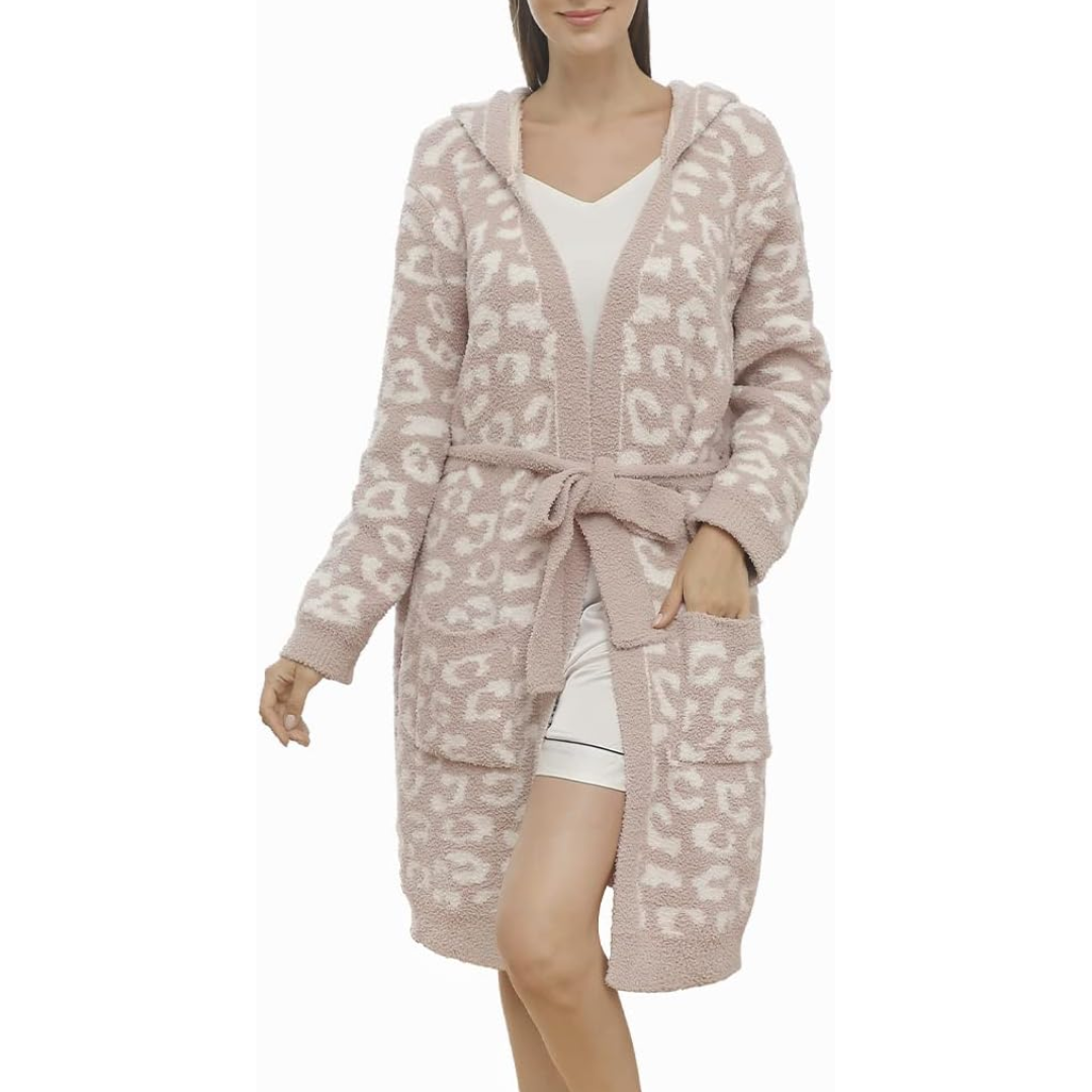 Comfortable Ladies Spa Bathrobe - Victoria-Leopard Cream - Hoodie-Nora Luxe