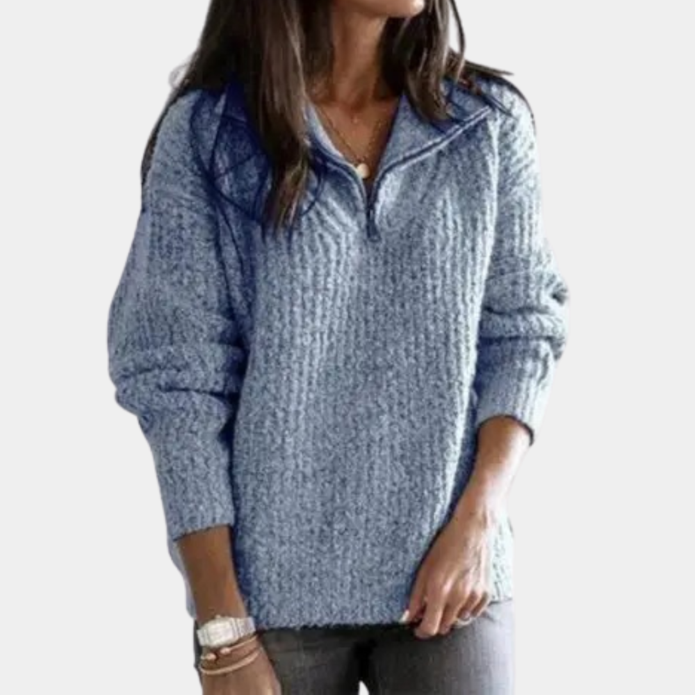 Comfortable Ladies' Sweater with Half Zip - Sofia-Blue-XS-Nora Luxe