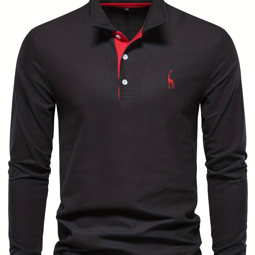 Comfortable Men's Polo with Long Sleeves-Black-S-Nora Luxe