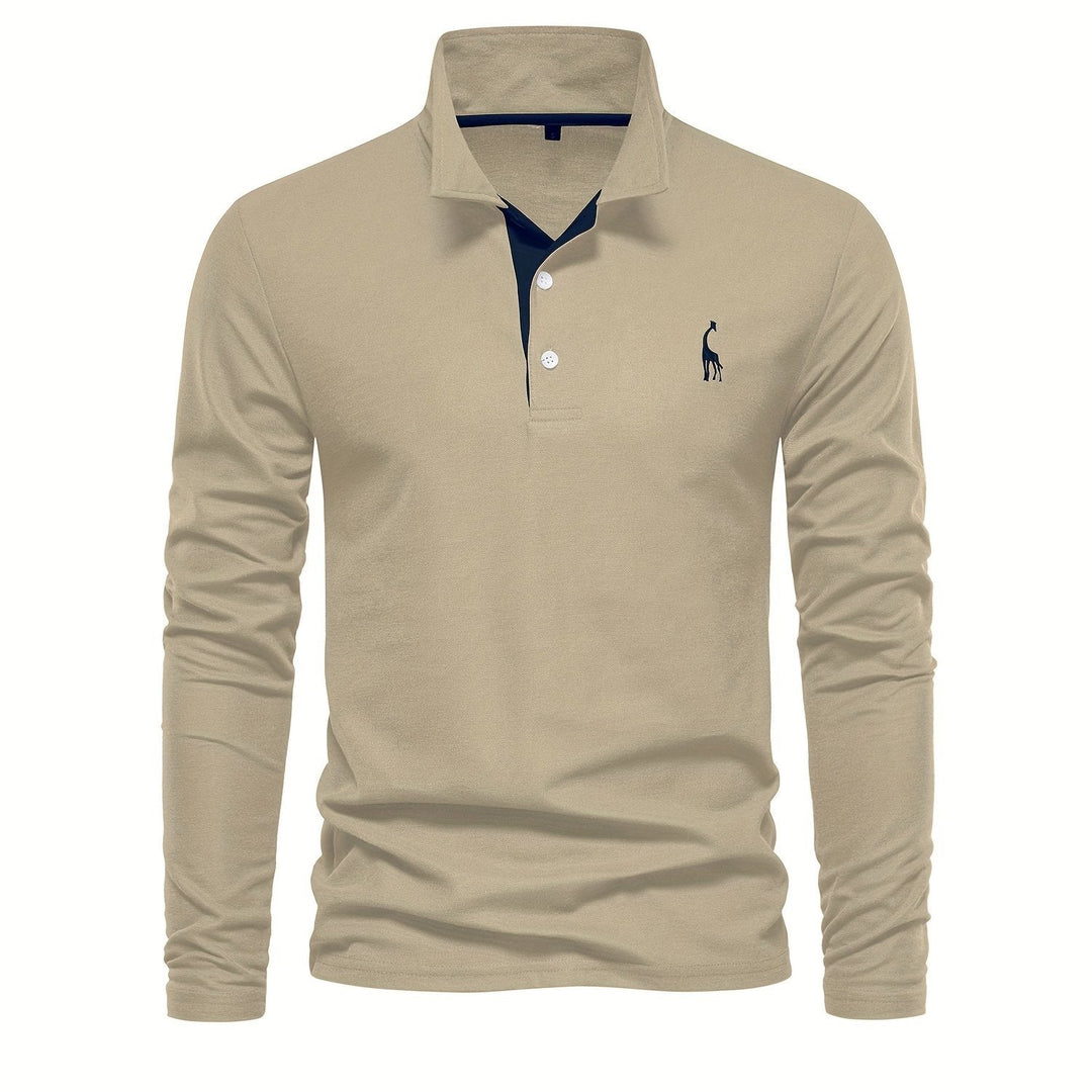Comfortable Men's Polo with Long Sleeves-Khaki-S-Nora Luxe
