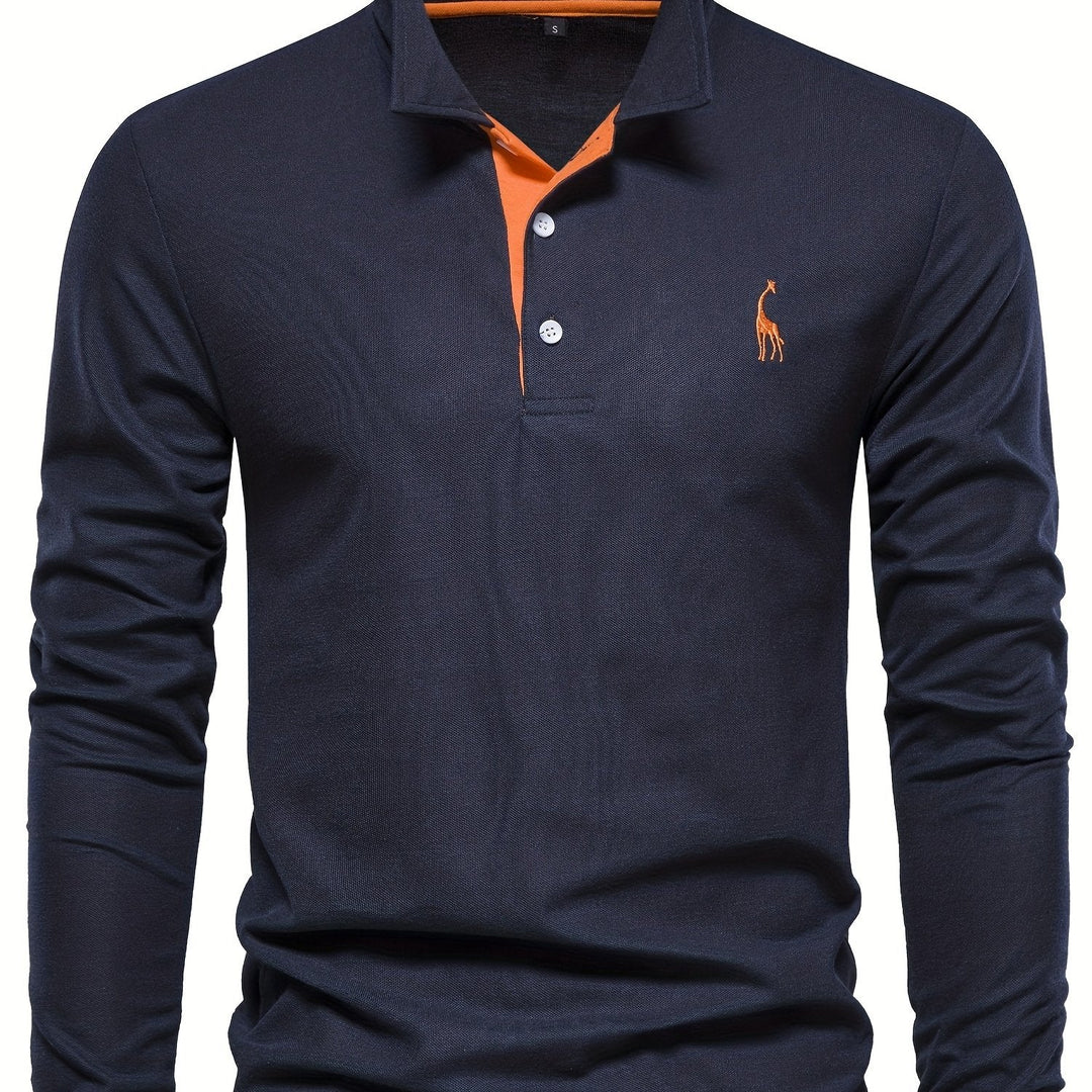 Comfortable Men's Polo with Long Sleeves-Marine Blue-S-Nora Luxe