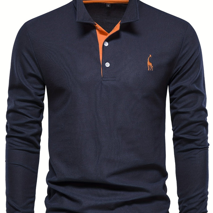 Comfortable Men's Polo with Long Sleeves-Marine Blue-S-Nora Luxe