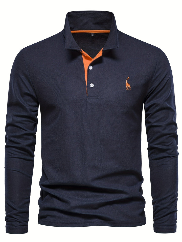 Comfortable Men's Polo with Long Sleeves-Marine Blue-S-Nora Luxe
