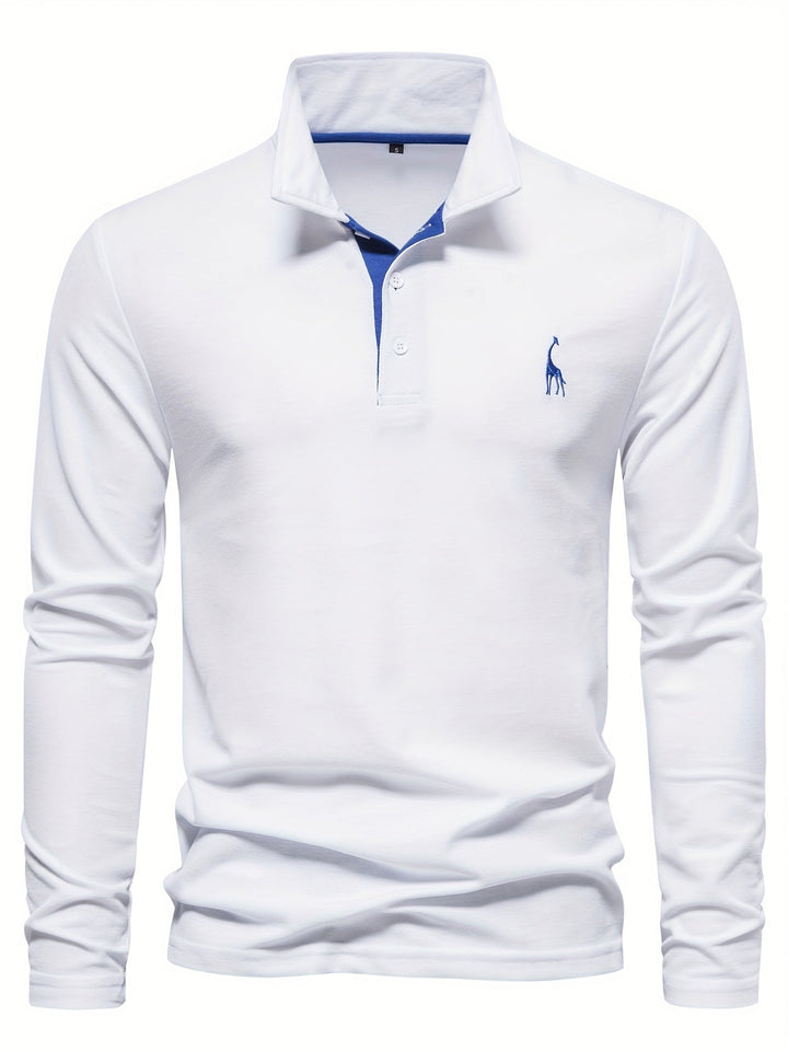 Comfortable Men's Polo with Long Sleeves-Marine Blue-S-Nora Luxe