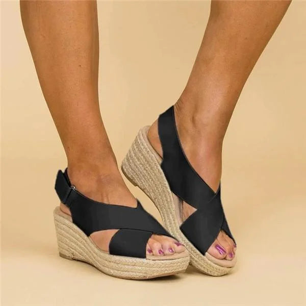 Comfortable Orthopaedic Wedge Espadrilles - Clara-Black-5-Nora Luxe
