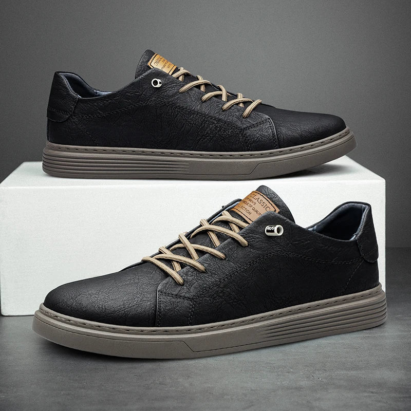 Comfortable Oxford Leather Men's Sneakers - Ethan-5-Black-Nora Luxe