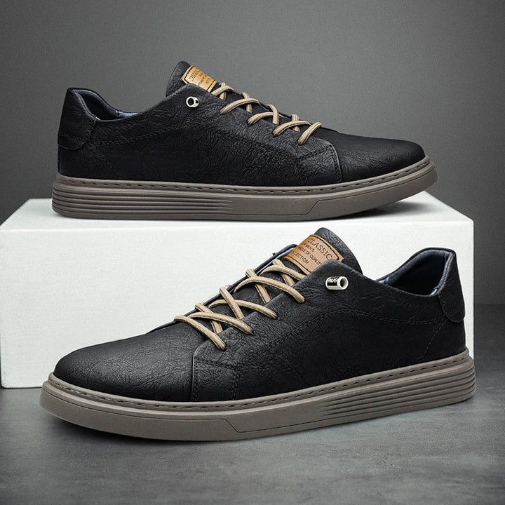 Comfortable Oxford Leather Men's Sneakers - Ethan-5-Black-Nora Luxe