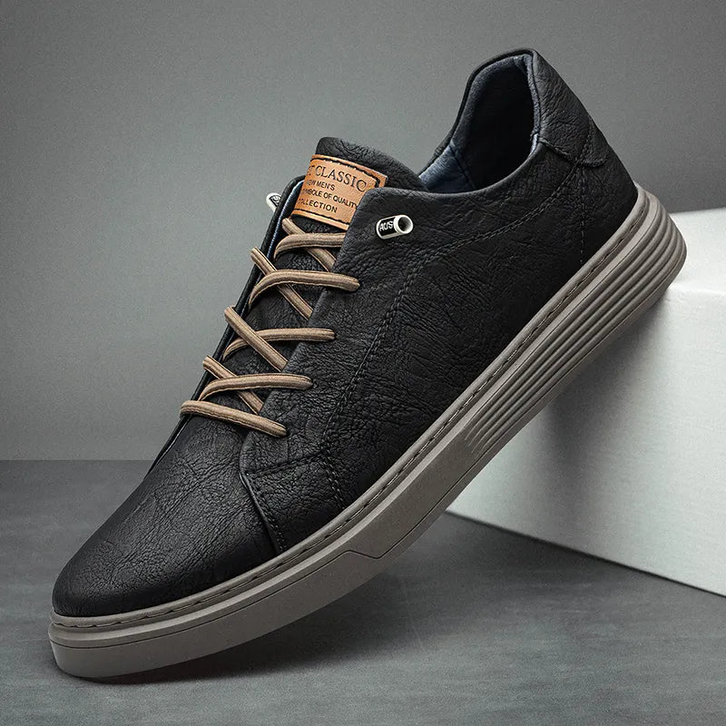 Comfortable Oxford Leather Men's Sneakers - Ethan-5-Black-Nora Luxe
