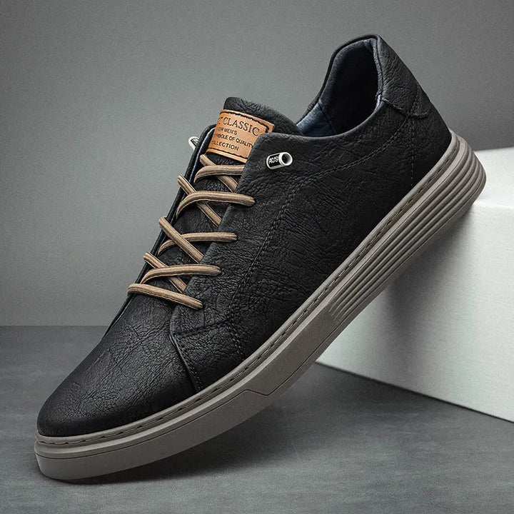 Comfortable Oxford Leather Men's Sneakers - Ethan-5-Black-Nora Luxe