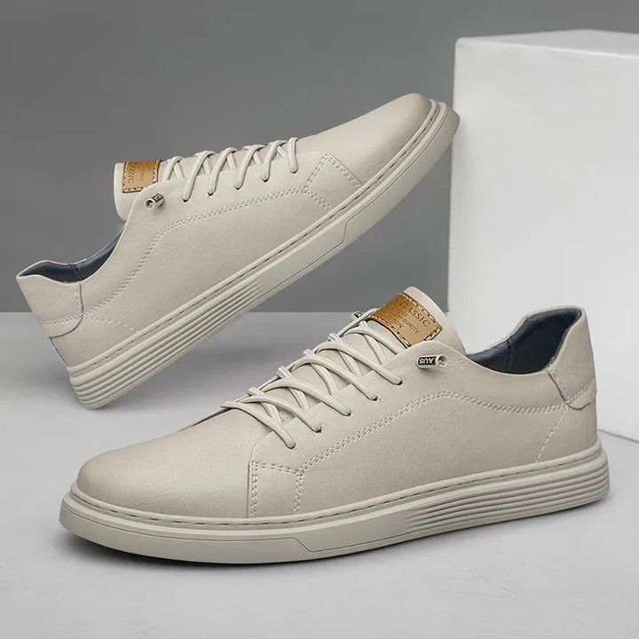 Comfortable Oxford Leather Men's Sneakers - Ethan-5-White-Nora Luxe