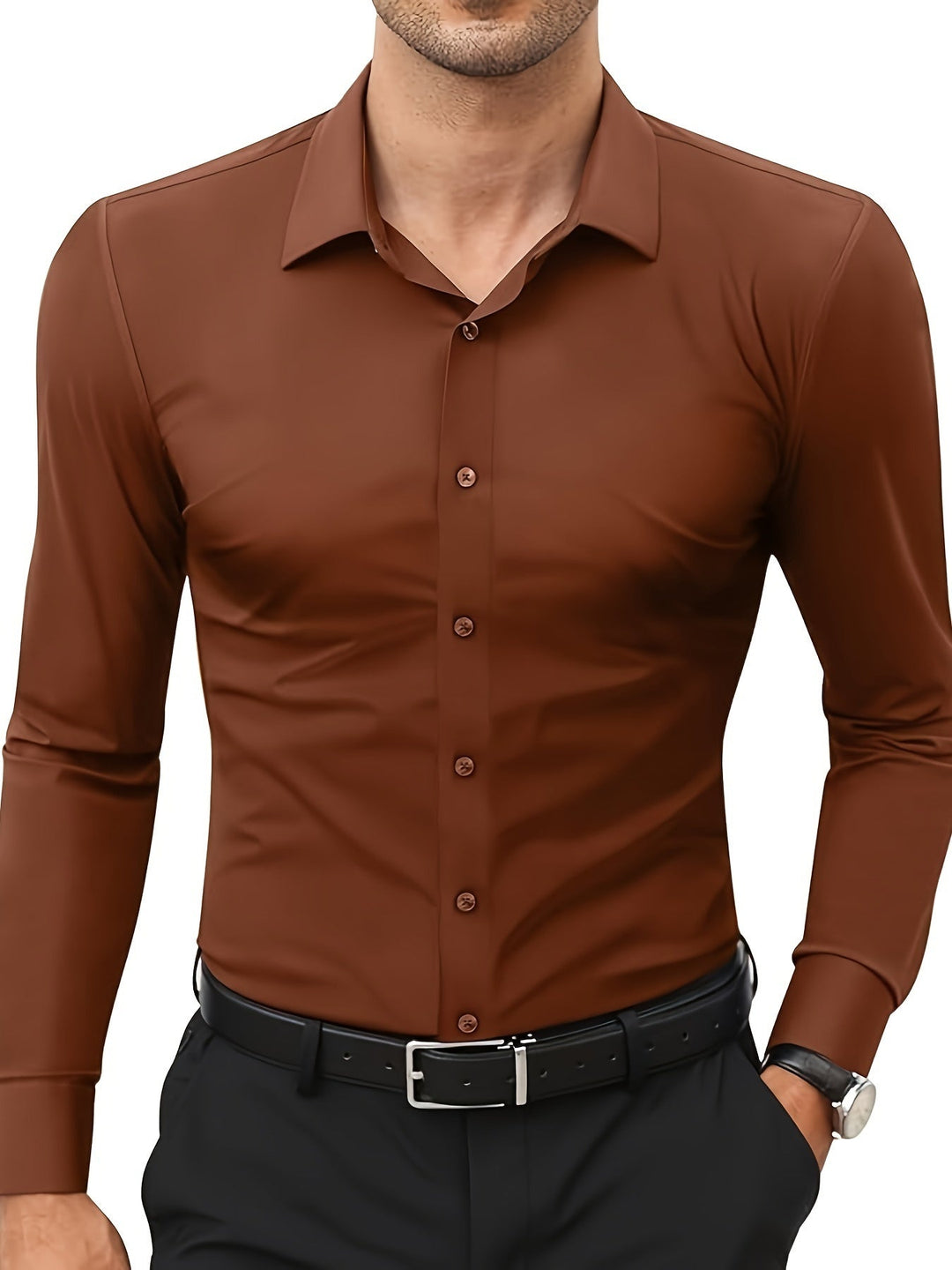 Comfortable Stretch Men’s Shirt - Julian-Dark Brown-XS-Nora Luxe