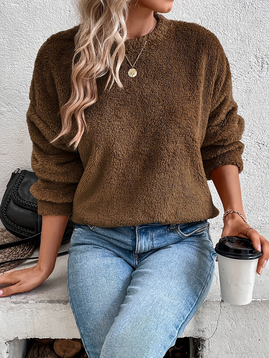 Comfortable Teddy Pullover Sweatshirt - Livia-Dark brown-S-Nora Luxe