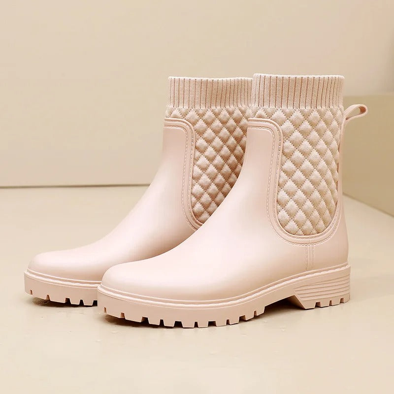 Comfortable Waterproof Ladies' Rain Boots - Livia Rain Luxe-Beige Woven-4.0-Nora Luxe