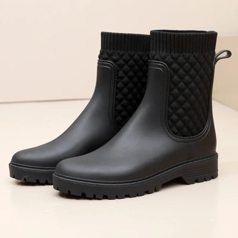 Comfortable Waterproof Ladies' Rain Boots - Livia Rain Luxe-Black Woven-4.0-Nora Luxe