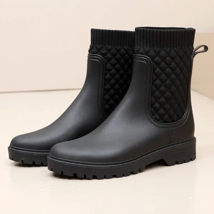 Comfortable Waterproof Ladies' Rain Boots - Livia Rain Luxe-Black Woven-4.0-Nora Luxe