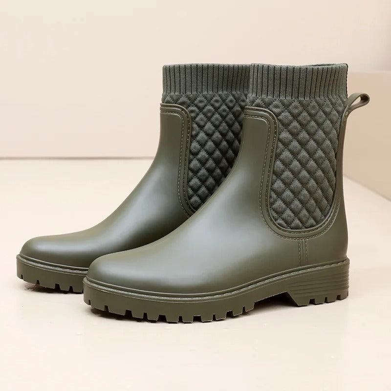 Comfortable Waterproof Ladies' Rain Boots - Livia Rain Luxe-Green Woven-4.0-Nora Luxe