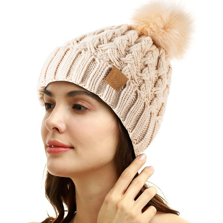 Comfortable Winter Pom Beanie - Yvonne-Beige-Nora Luxe