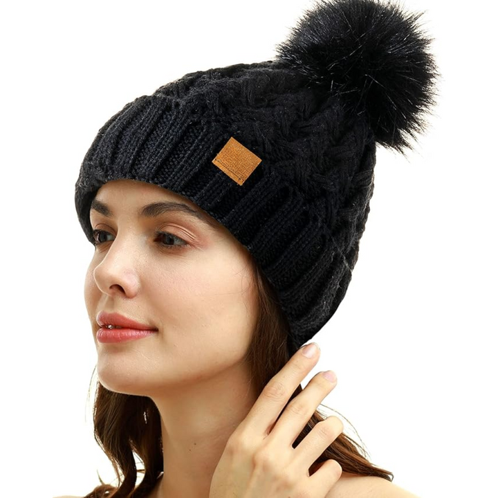 Comfortable Winter Pom Beanie - Yvonne-Black-Nora Luxe