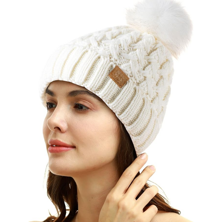 Comfortable Winter Pom Beanie - Yvonne-White-Nora Luxe