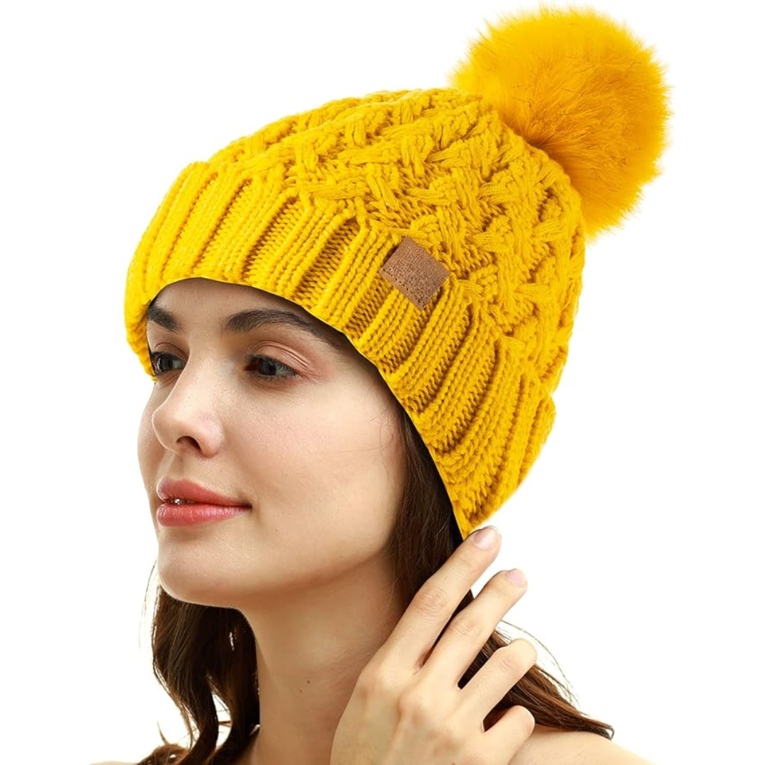 Comfortable Winter Pom Beanie - Yvonne-Yellow-Nora Luxe