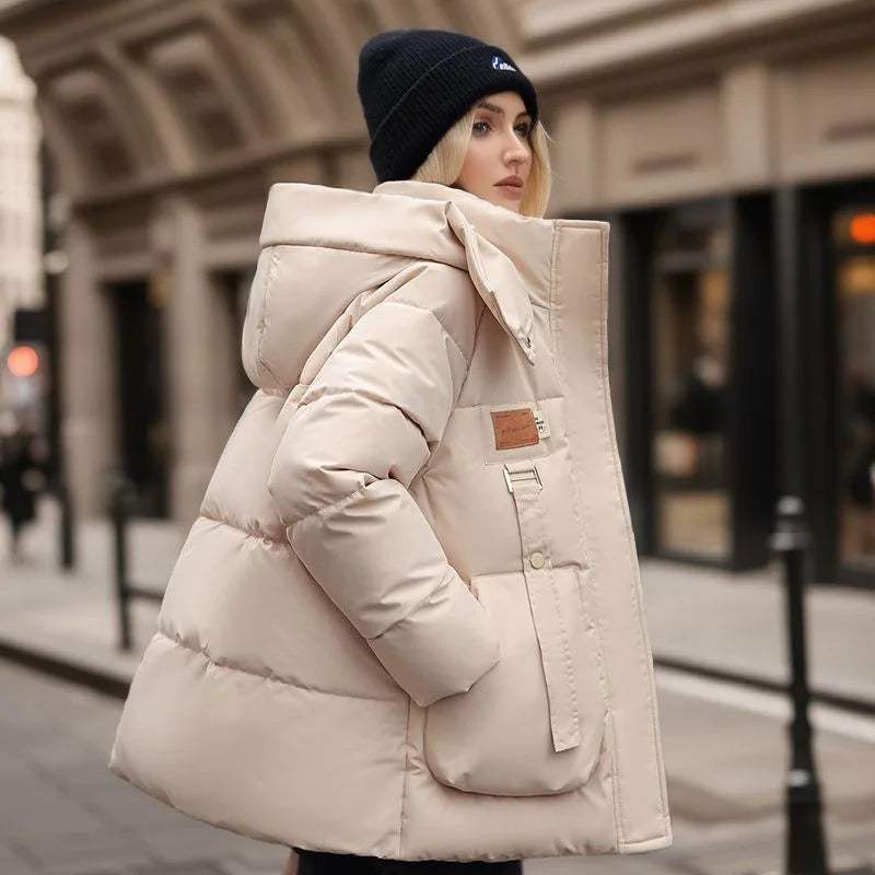Comfortable Women's Winter Coat with Down Filling - Amelina-Beige-M-Nora Luxe