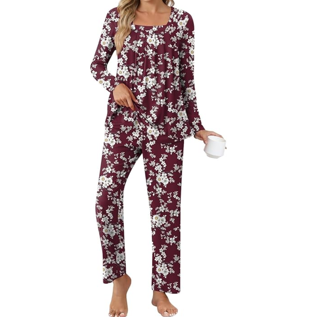 Comfy 2-Piece Lounge Pajama with Pockets - Laetitia-Bordeaux/White Flowers-M-Nora Luxe