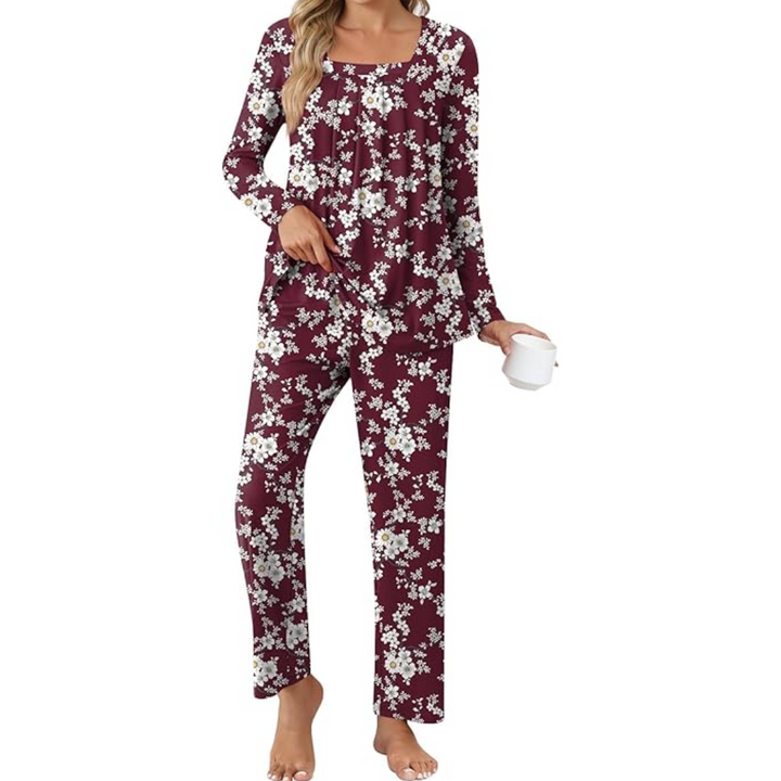 Comfy 2-Piece Lounge Pajama with Pockets - Laetitia-Bordeaux/White Flowers-M-Nora Luxe