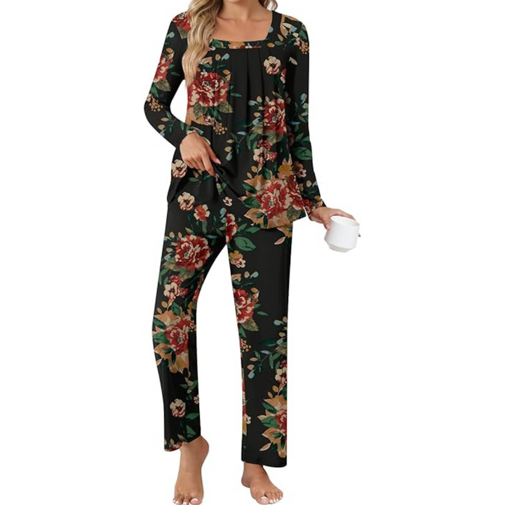 Comfy 2-Piece Lounge Pajama with Pockets - Laetitia-Brown Flower-M-Nora Luxe